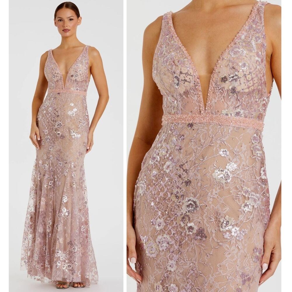 MAC DUGGAL Pink Floral Gown Size 12 Embellished 67481 Sleeveless Plunge Neck NWT